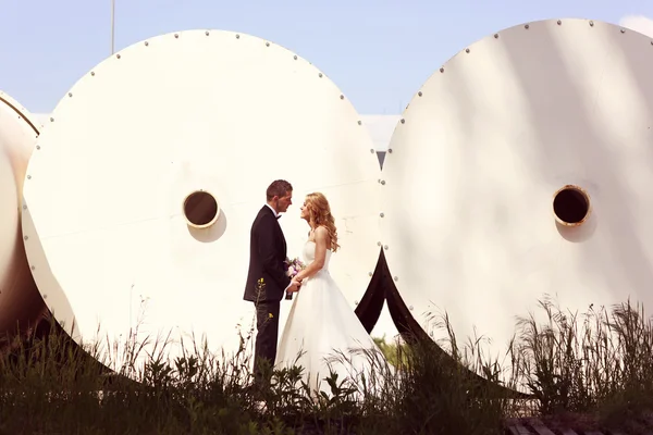 新娘和新郎构成建筑背景 — 图库照片