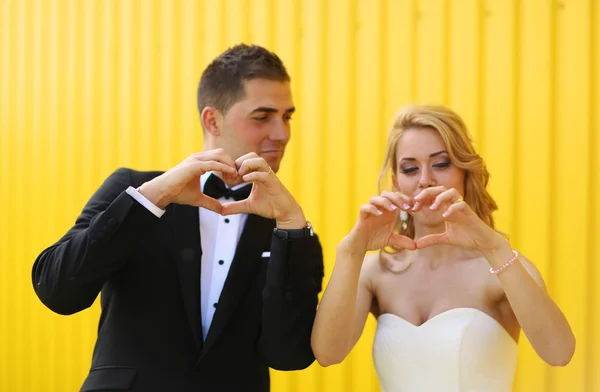 Nevěsta a ženich na žlutém podkladu — Stock fotografie