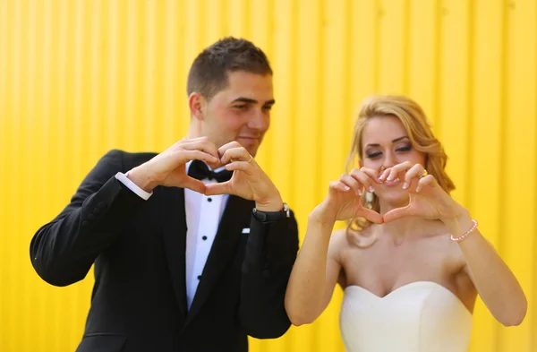 Sposa e sposo su uno sfondo giallo — Foto Stock