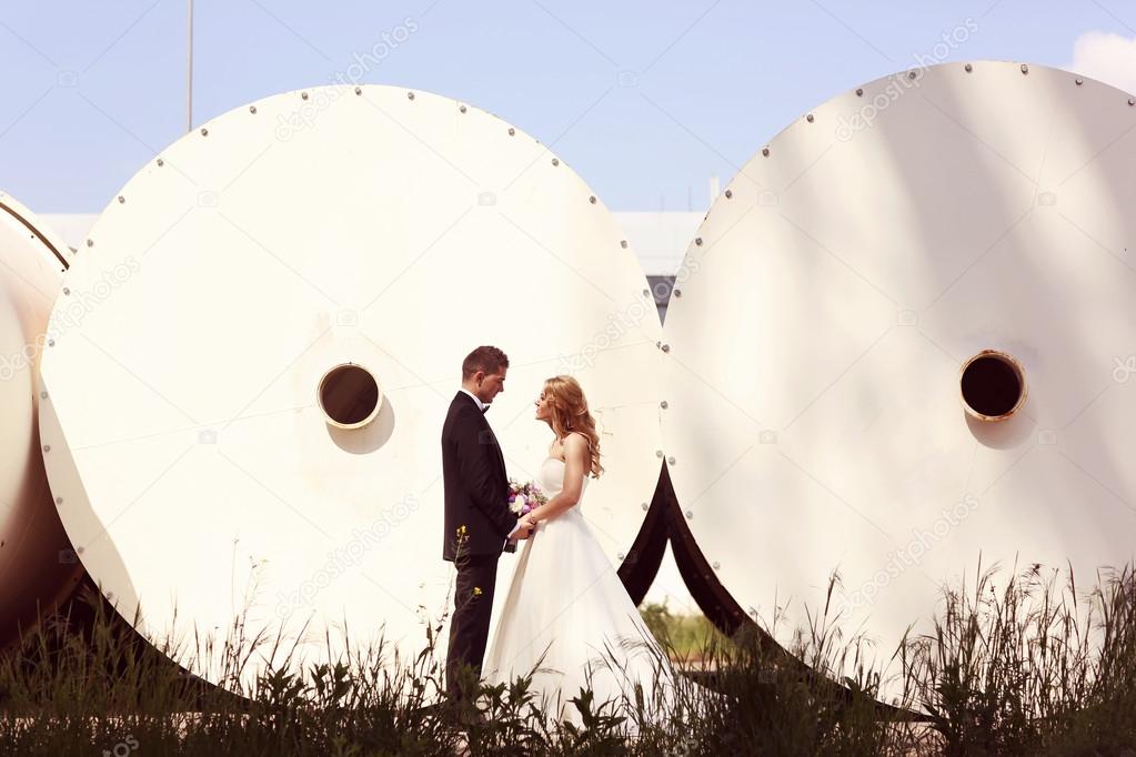 Bride and groom posing on architectural background