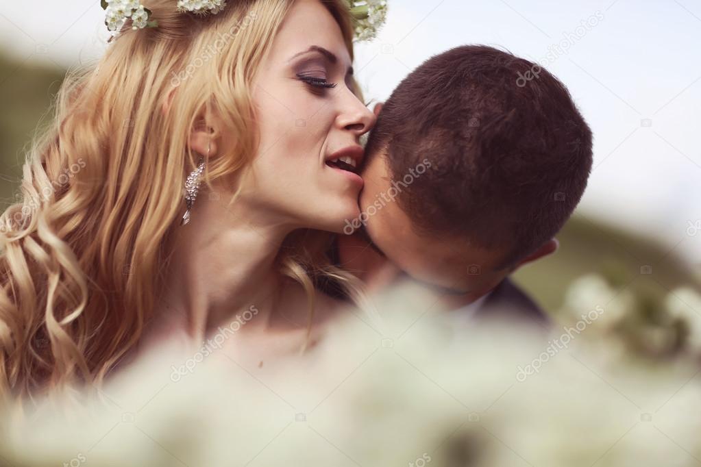 Bride and groom in springtime