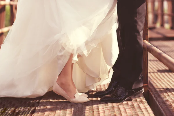 Bride and groom on a bridge — Stock Photo, Image