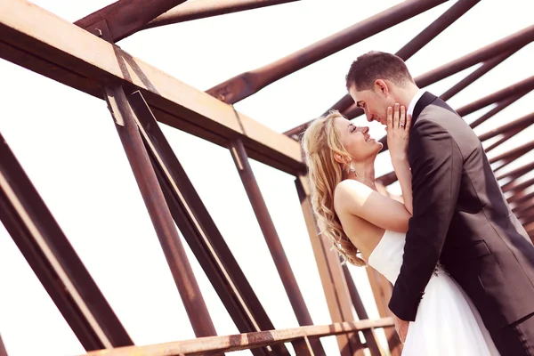 Bride and groom on a bridge — Stock Photo, Image