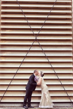 Duvar yanında mutlu gelin çift şeritli