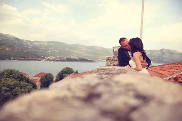 Noiva e noivo beijando perto do lago — Fotografia de Stock