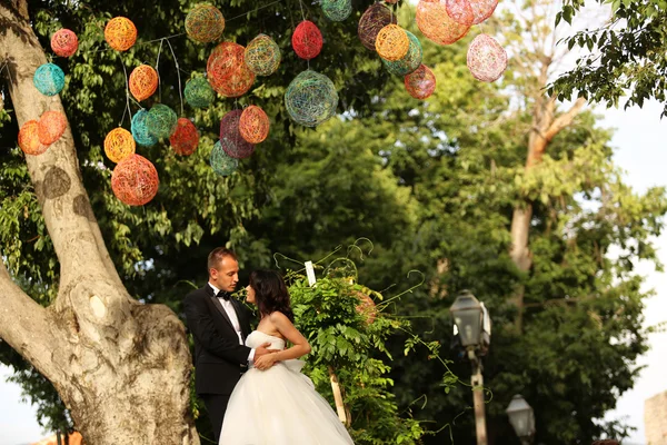 Noiva e noivo beijando sob lâmpadas coloridas — Fotografia de Stock
