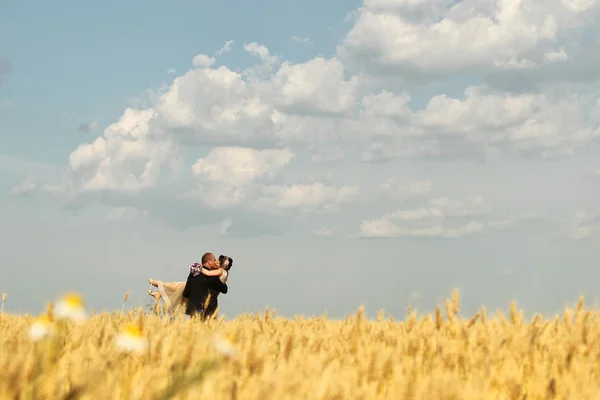 Bride and groom in field — Stock Photo, Image