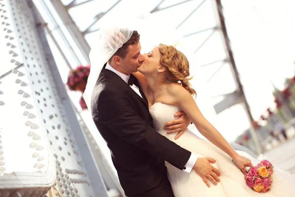 Bräutigam hält seine Braut auf Brücke — Stockfoto