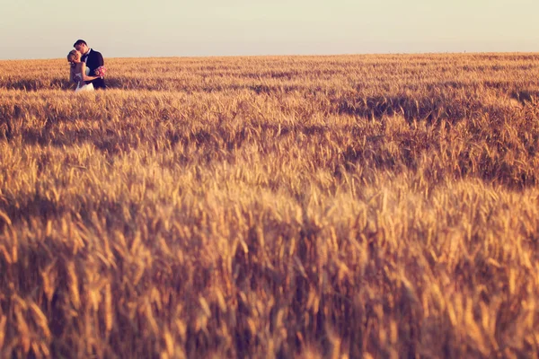 Bruid en bruidegom in veld — Stockfoto