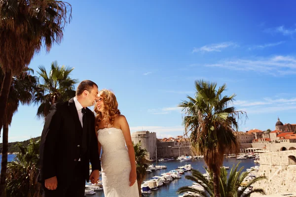 Bride and groom at the seaside — Stock Photo, Image