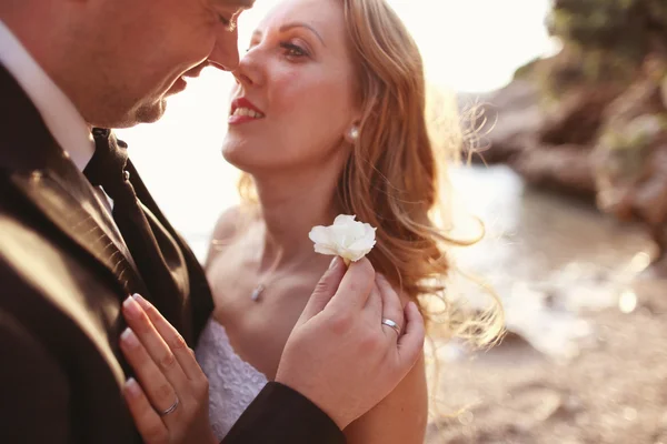 Närbild av brudparet kysser på stranden — Stockfoto