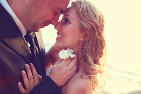 Closeup of bride and groom kissing — Stock Photo, Image