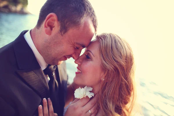 Közelkép a menyasszony és a vőlegény, csók — Stock Fotó