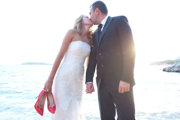 Bride and groom kissing on the beach — Stock Photo, Image