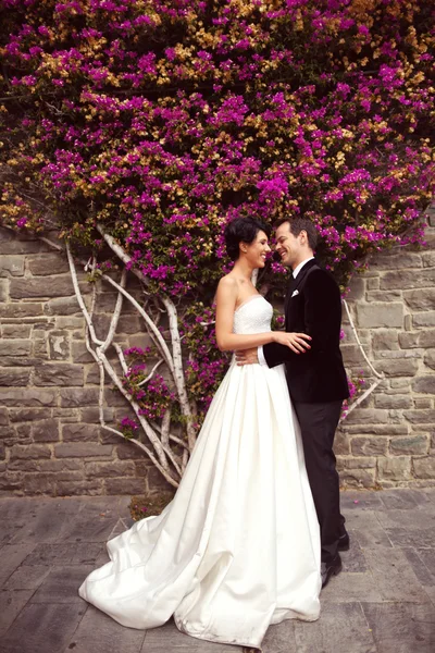 Lyckliga brudparet håller varandra — Stockfoto