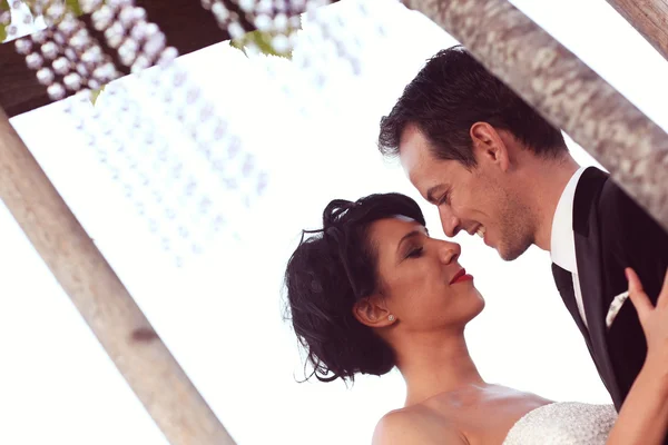 Nahaufnahme von Braut und Bräutigam küssen — Stockfoto