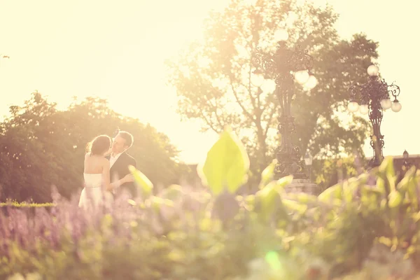 Happy bride and groom in the sunlight — Stock Photo, Image