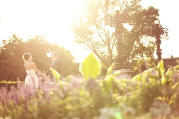 Happy bride and groom in the sunlight — Stock Photo, Image