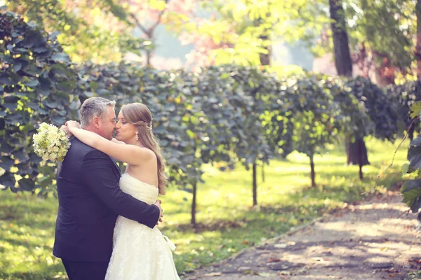 Bride and groom on a autumn day — Stock Photo, Image