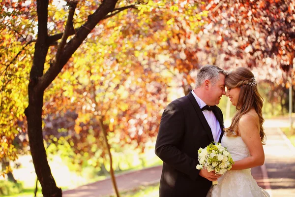 Noiva e noivo em um dia de outono — Fotografia de Stock