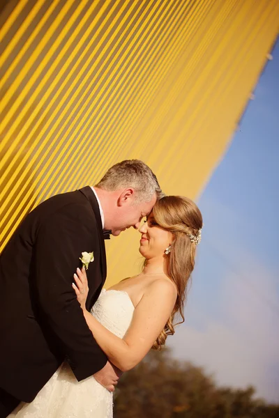 Noiva e noivo perto da parede amarela — Fotografia de Stock