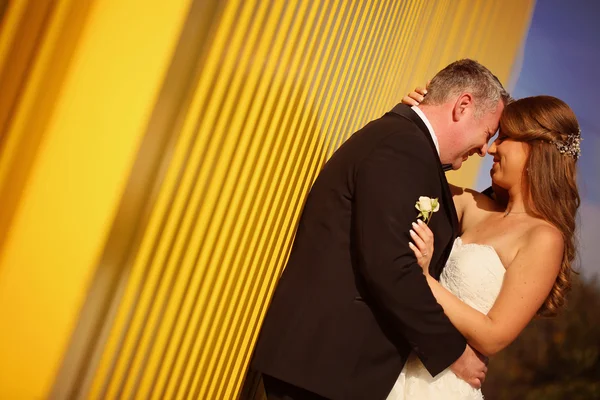 Nevěsta a ženich žluté zdi — Stock fotografie