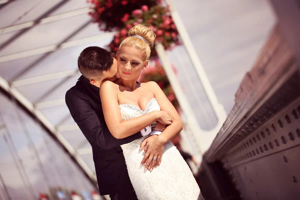 Bride and groom on a metallic bridge — Stock Photo, Image