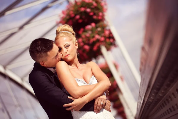 Bride and groom on a metallic bridge — Stock Photo, Image