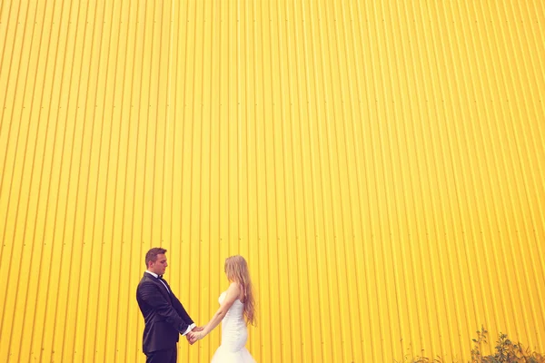 Bruid en bruidegom poseren tegen een gele muur — Stockfoto
