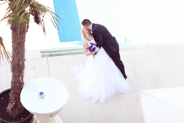 Noivo beijando a noiva perto da piscina — Fotografia de Stock