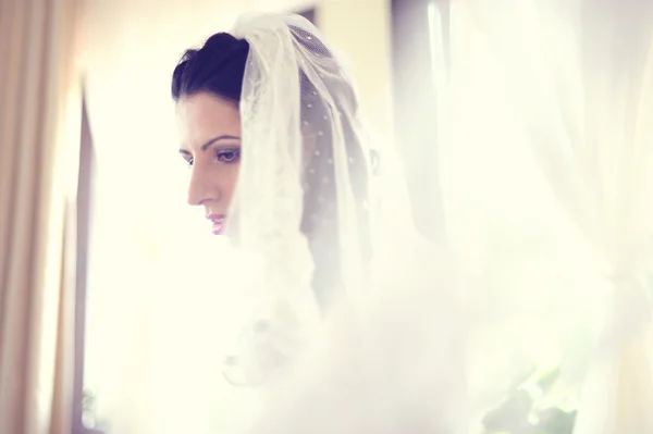 Retrato de una novia cubierta con velo — Foto de Stock