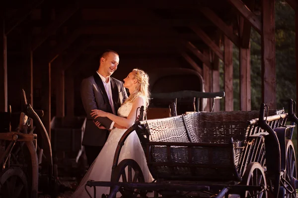 Bride and groom near carriage — Stock Photo, Image