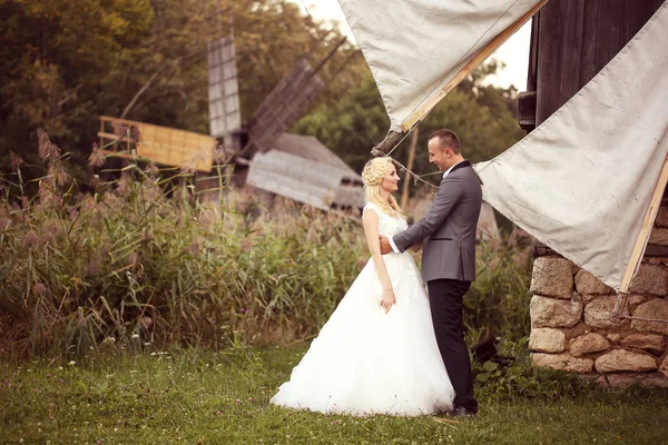 Mariée et marié posant dans un paysage magnifique, près d'un moulin à vent — Photo
