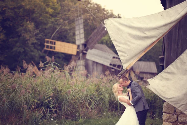 Bride and groom posing in a beautiful scenery, near a windmill — Stock Photo, Image