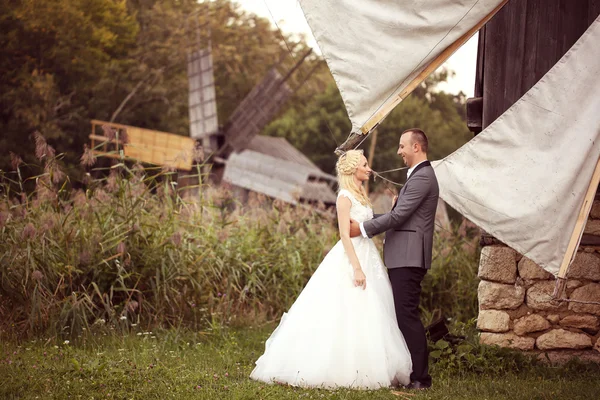 新娘和新郎构成一道美丽的风景，在附近的风车 — 图库照片