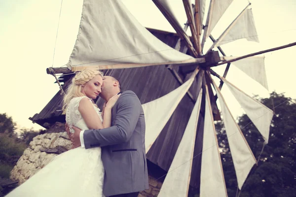 Bride and groom posing in a beautiful scenery, near a windmill — Stock Photo, Image