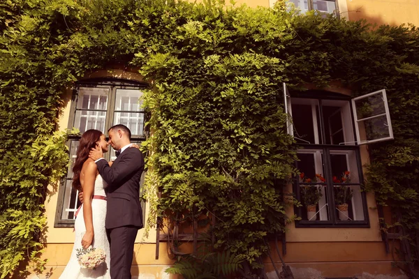 Sposa e sposo che si abbracciano di fronte a una bella casa ricoperta di edera — Foto Stock