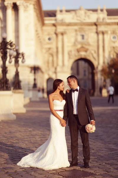 Fotografia verticale di una sposa e uno sposo che si guardano — Foto Stock