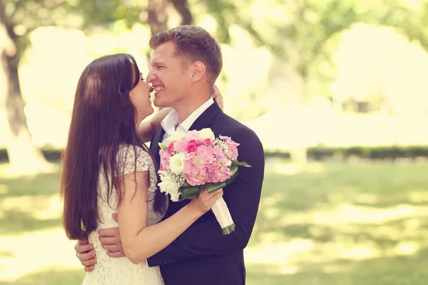 Beautiful couple embracing in park — Stock Photo, Image