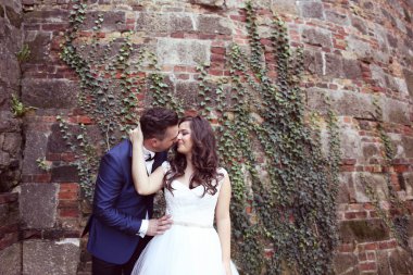 Gelin ve damat bir tuğla duvara poz