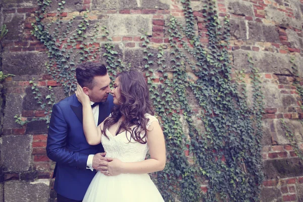 Novia y novio posando contra una pared de ladrillo — Foto de Stock