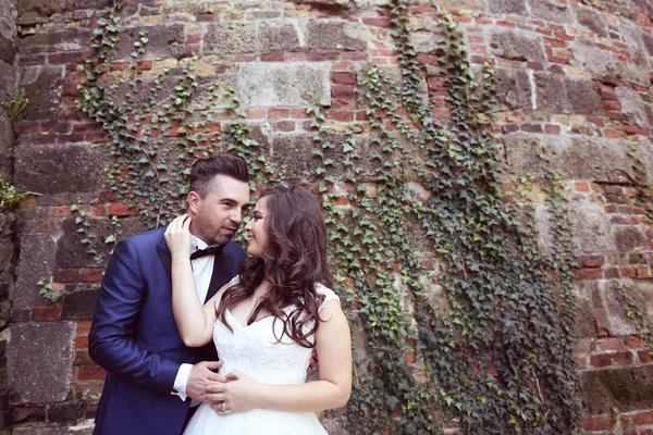 Bride and groom posing against a bricked wall — Stock Photo, Image