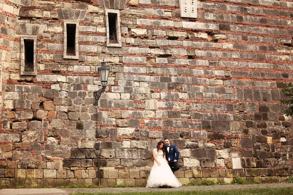 Bride and groom posing against a bricked wall — Stock Photo, Image