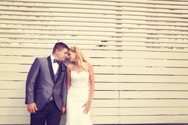 Bride and groom embracing — Stock Photo, Image