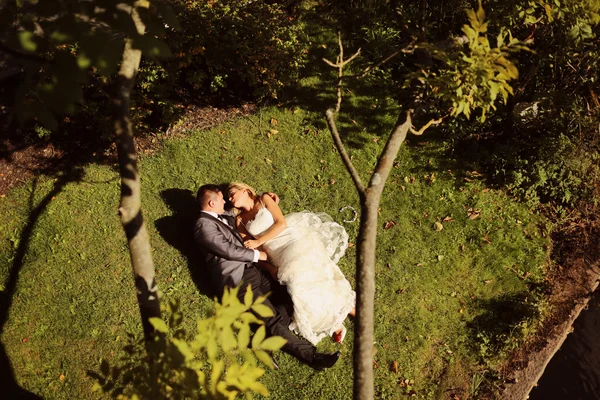 Noiva e noivo deitado na grama — Fotografia de Stock
