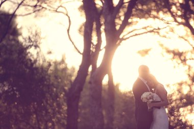 Gelin ve damat siluetleri güneş ışığı altında