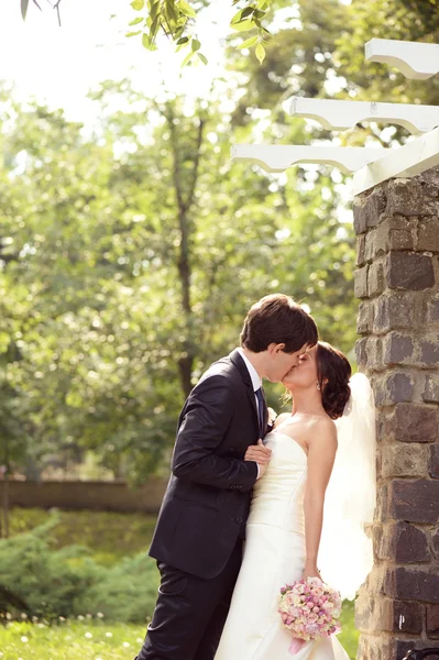 Nevěsta a ženich líbání v parku — Stock fotografie