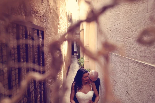 Bride and groom photographed through ropes — Stock Photo, Image