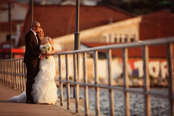 Novia y novio en un puente cerca del río —  Fotos de Stock