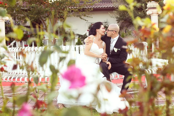 Novia y novio posando en el jardín — Foto de Stock